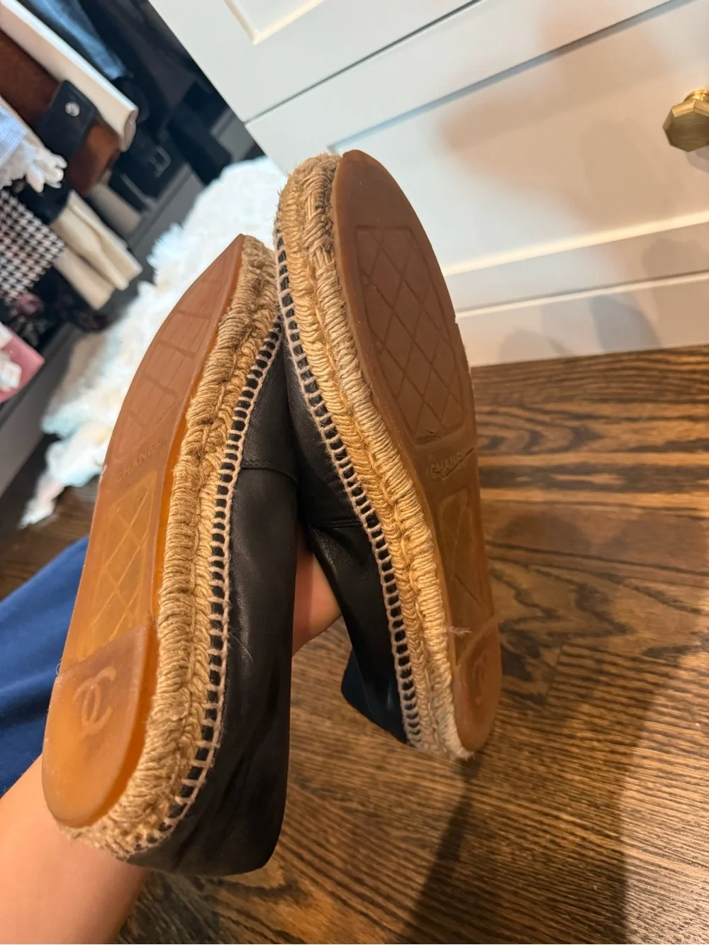 CHANEL Black Leather Espadrilles with Interlocking CC